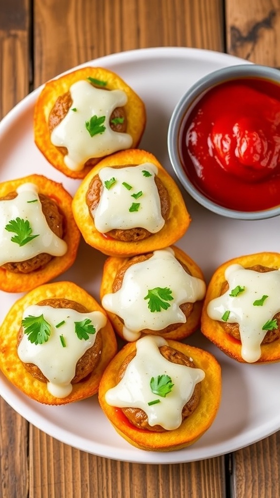 Garlic Bread Meatball Muffins Recipe Garlic bread meatball muffins topped with melted cheese, served with marinara sauce on a rustic table.